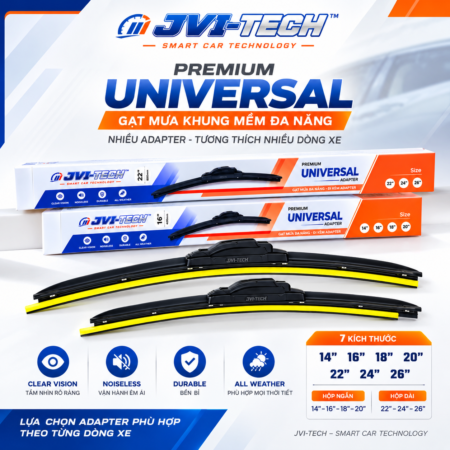 JVI-TECH PREMIUM UNIVERSAL – Gạt mưa khung mềm đa năng, 7 size, nhiều adapter cho nhiều dòng xe